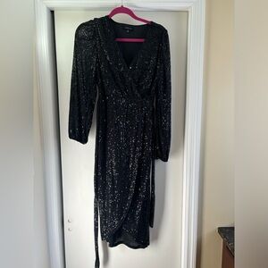 August Sky Black Sequin Faux Wrap Dress